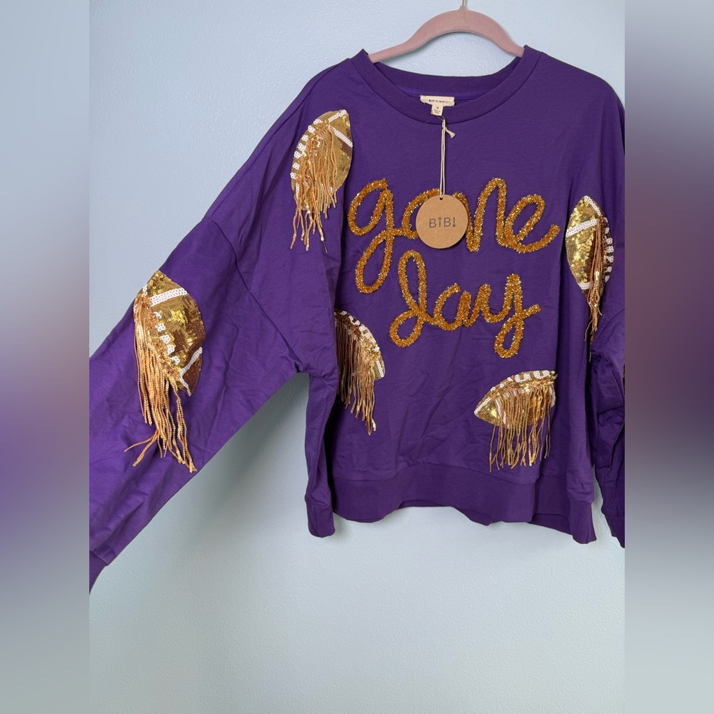BiBi Purple Sweatshirt with Gold Sequin Game Day Football with tassels top